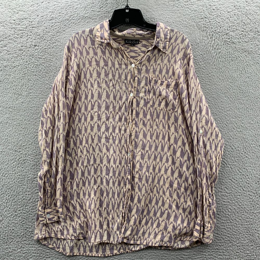 KIKISOL Blouse Womens XL Top Long Sleeve Extra Large Sheer Beige*